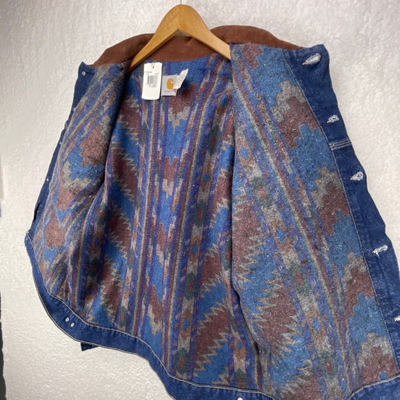 VTG Carhartt Trucker Jacket Aztec Blanket Lined Mens XL PJB008‎ Steel Blue NWT - Picture 11 of 16